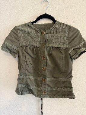 BCBGMaxAzria Olive Green Button-Front Short Sleeve Top with Wooden Buttons